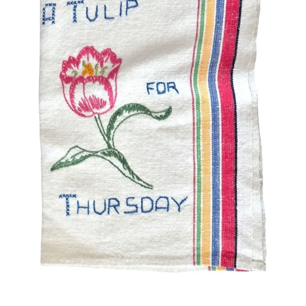 Vintage Days of the Week Set of 6 Colorful Embroidered Flower Dish Towels.
